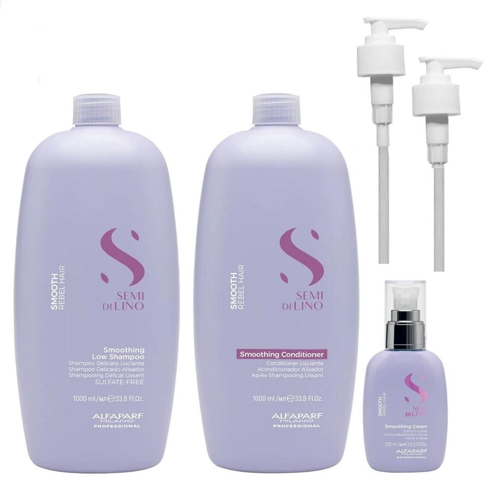 Kit Alfaparf Semi Di Lino Smooth Smoothing - Shampoo & Condicionador 1 Litro + Cream Leave-In 125ml + Válvula Pump