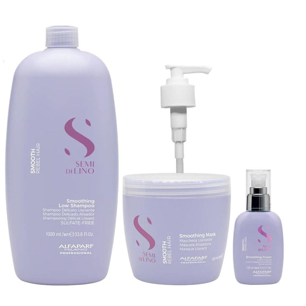 Kit Alfaparf Professional Semi Di Lino Smooth Smoothing - Shampoo 1L + Máscara 500ml + Cream Leave-In 125ml + Válvula