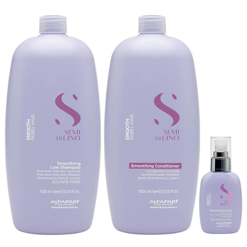 Kit Alfaparf Semi Di Lino Smooth Smoothing - Shampoo & Condicionador 1 Litro + Cream Leave-In 125ml