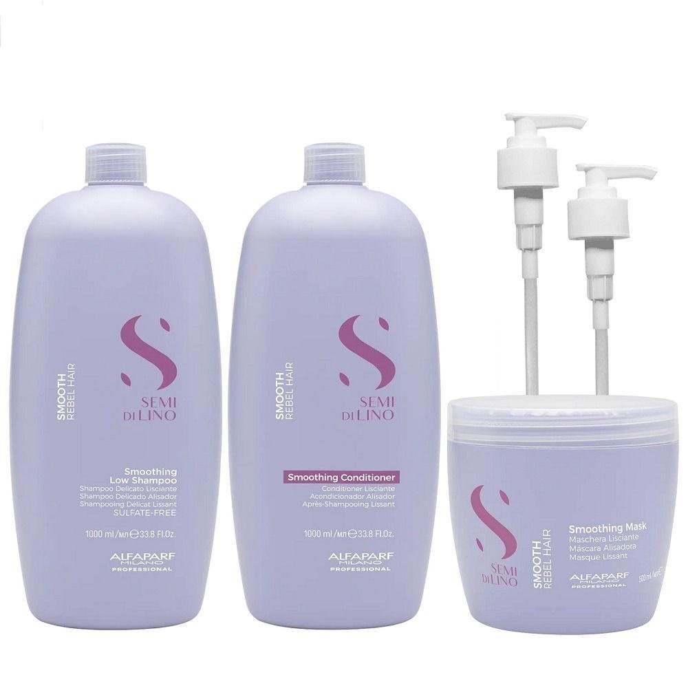 Kit Alfaparf Professional Semi Di Lino Smooth Smoothing - Shampoo & Condicionador 1 Litro + Máscara 500ml + Válvula Pump
