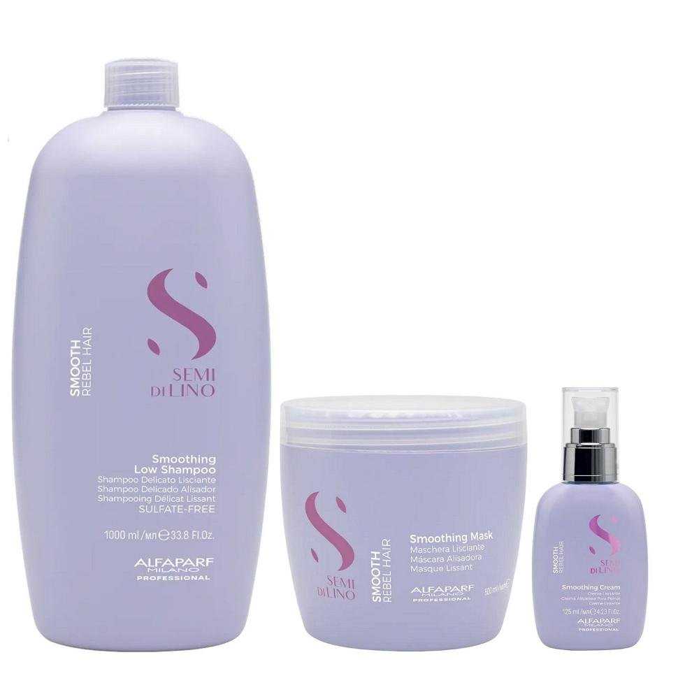 Kit Alfaparf Professional Semi Di Lino Smooth Smoothing - Shampoo 1L + Máscara 500ml + Cream Leave-In 125ml