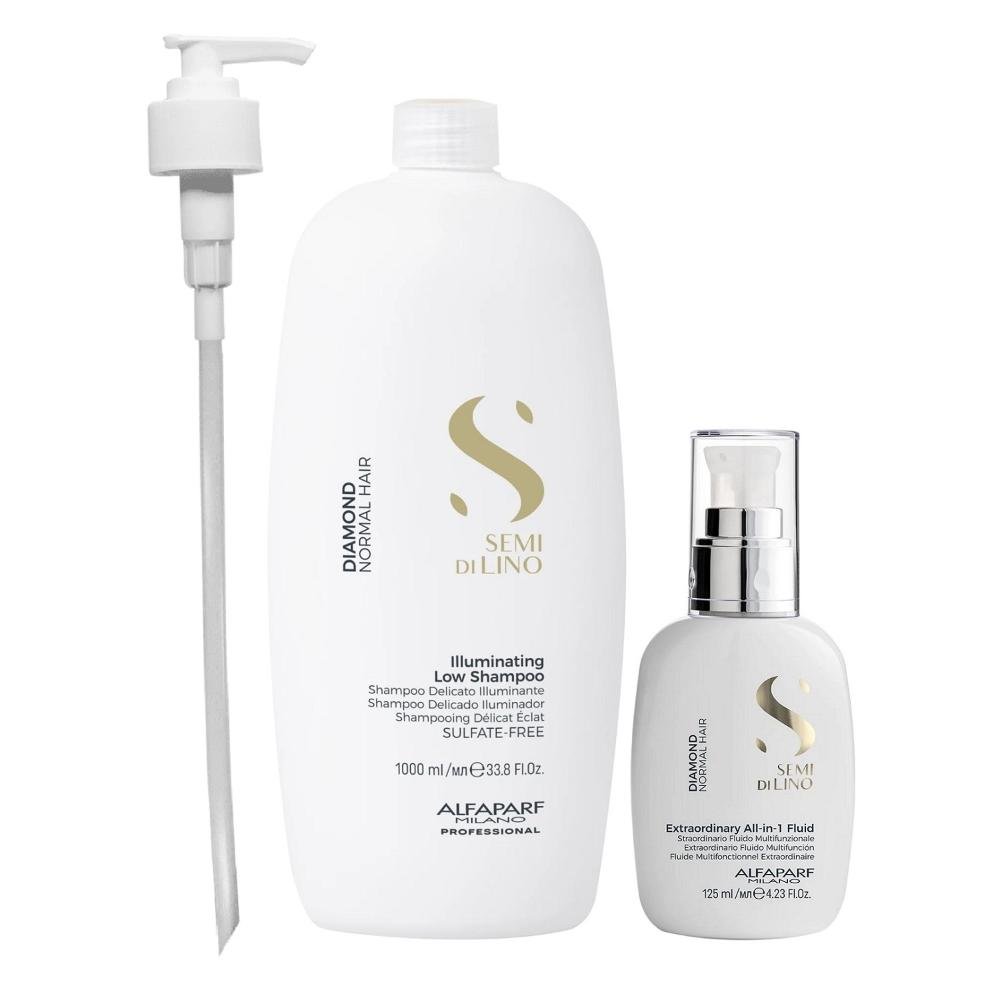 Kit Alfaparf Semi Di Lino Diamond - Shampoo 1L + Fluído 125ml + Válvula Pump