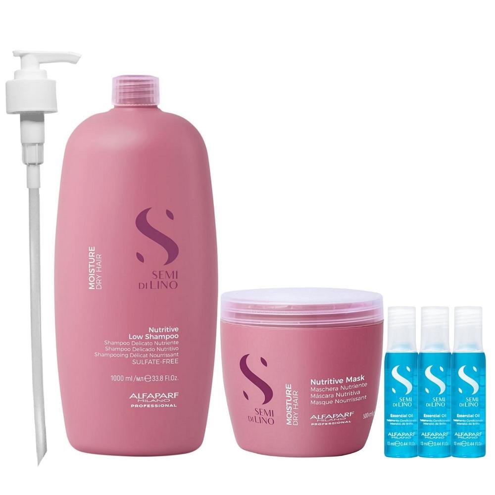 Kit Alfaparf Semi Di Lino Moisture -  Shampoo 1L +  Máscara 500ml +  3x Ampola 13ml + Válvula Pump