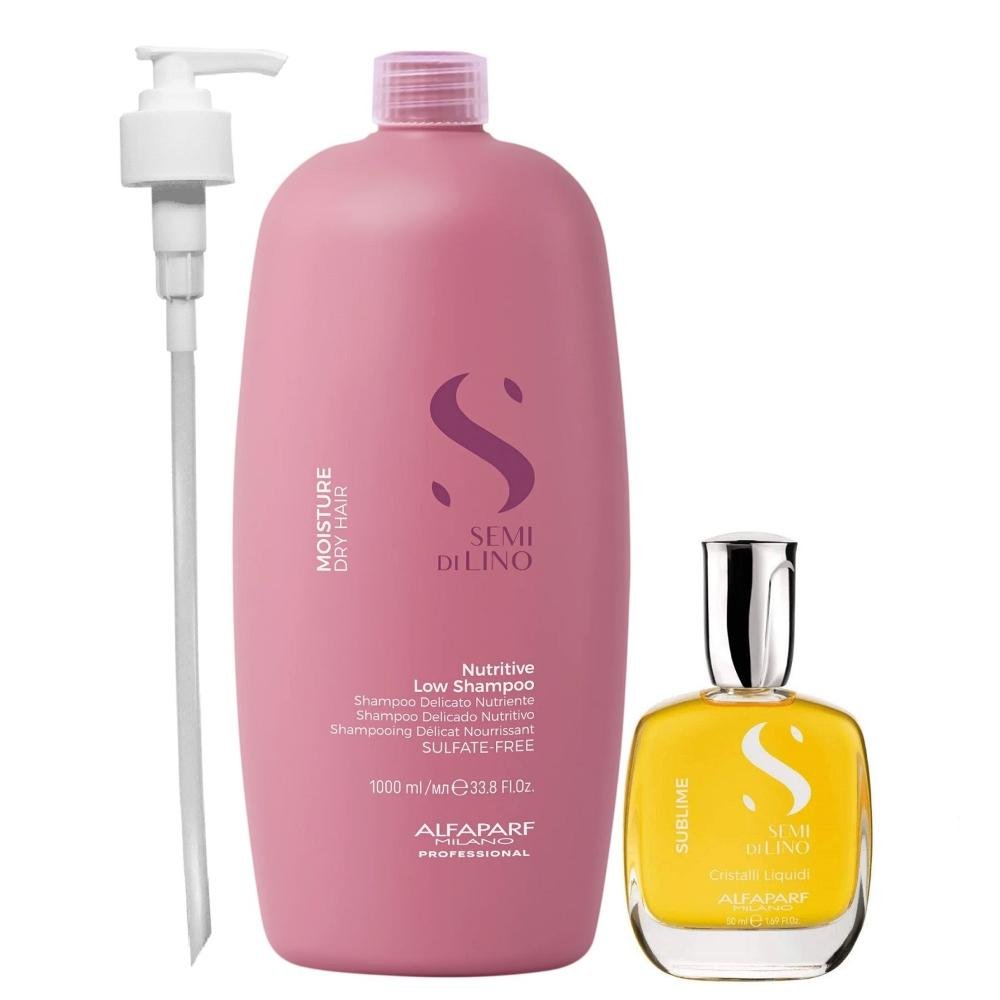 Kit Alfaparf Semi Di Lino Moisture -  Shampoo 1L + Cristalli 50ml + Válvula Pump