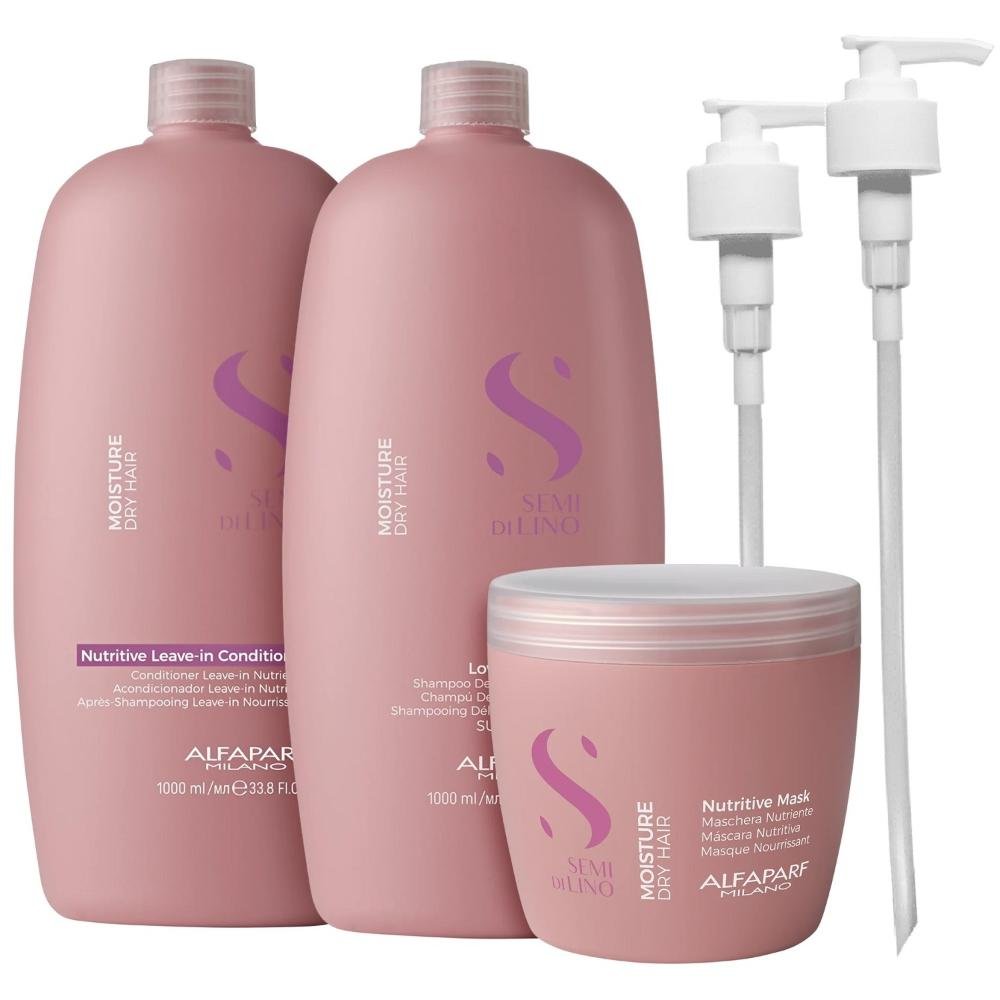 Kit Alfaparf Semi Di Lino Moisture - Shampoo 1L + Leave in Condicionador 1L + Máscara 500ml + Válvula Pump ÚNICO 1