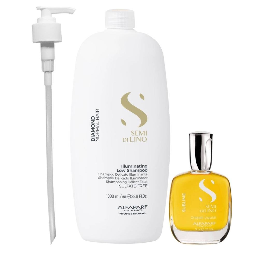 Kit Alfaparf Semi Di Lino Diamond - Shampoo 1L + Cristalli 50ml + Válvula Pump