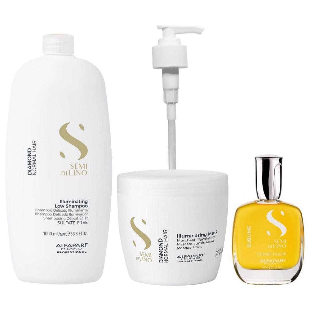 Kit Alfaparf Semi Di Lino Diamond - Shampoo 1L + Máscara 500ml + Cristalli 50ml + Válvula Pump