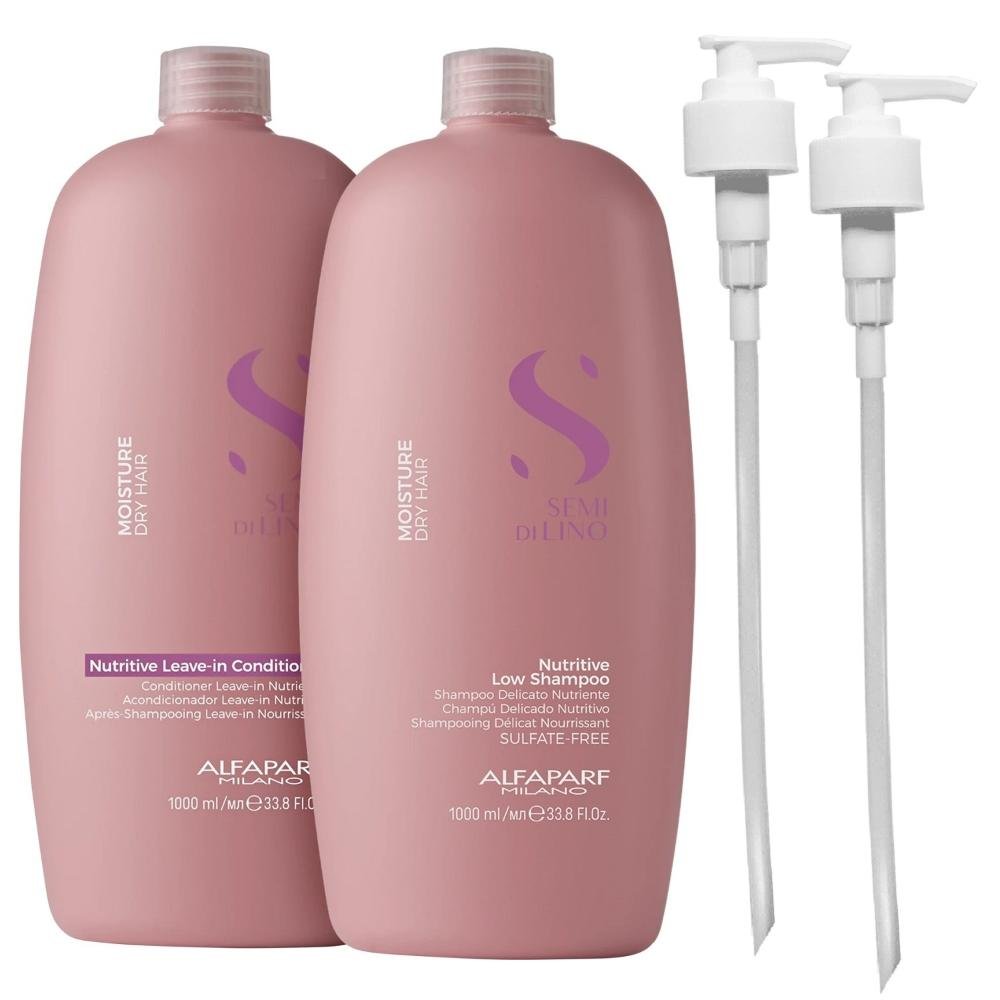 Kit Alfaparf Semi Di Lino Moisture -  Shampoo 1L + Leave in Condicionador 1L + Válvula Pump