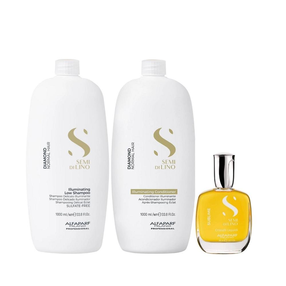 Kit Alfaparf Semi Di Lino Diamond - Shampoo 1L + Condicionador 1L + Cristalli 50ml