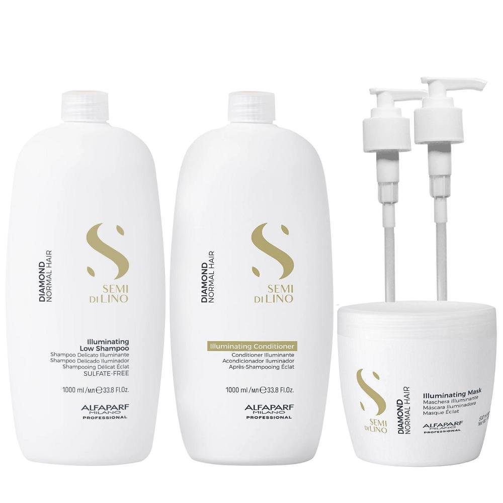 Kit Alfaparf Semi Di Lino Diamond - Shampoo 1L + Condicionador 1L + Máscara 500ml + Válvula Pump