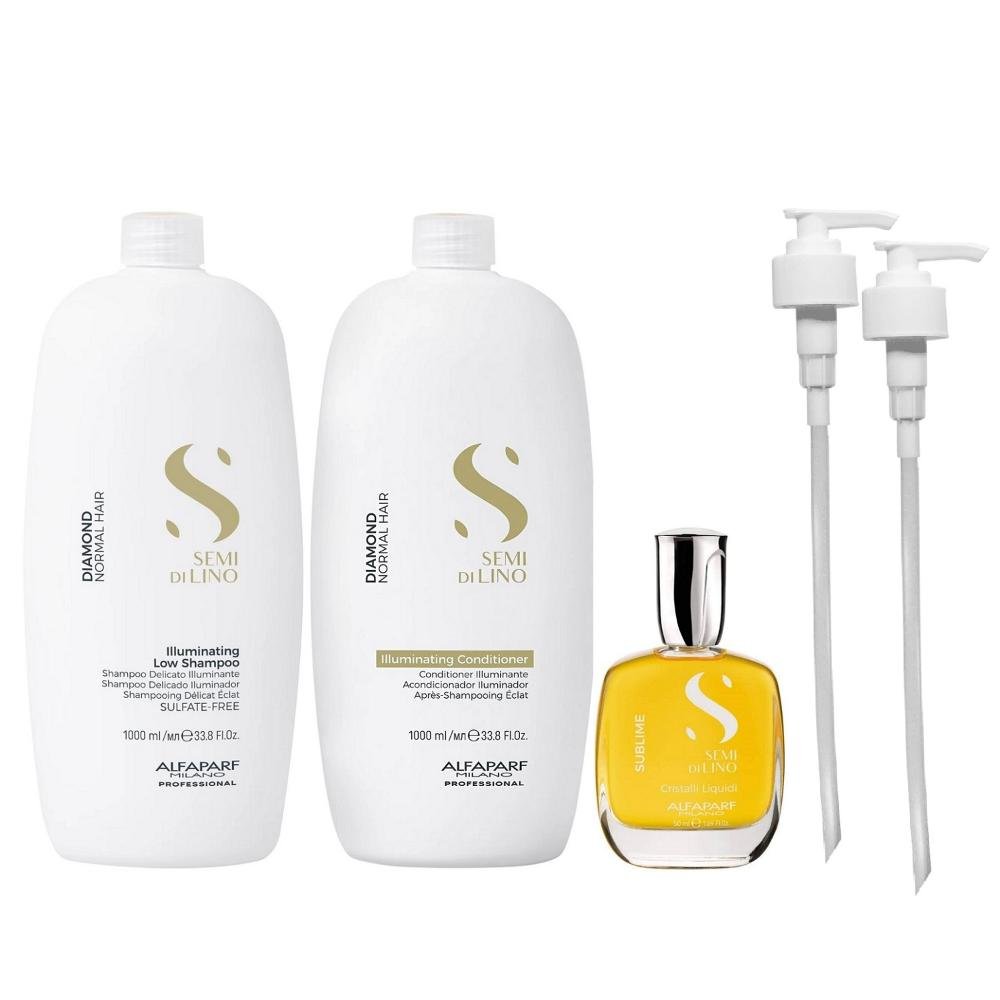 Kit Alfaparf Semi Di Lino Diamond - Shampoo 1L + Condicionador 1L + Cristalli 50ml + Válvula Pump