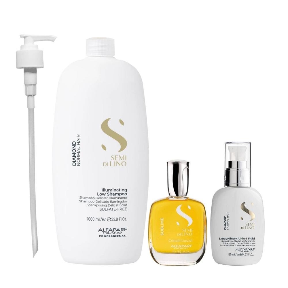 Kit Alfaparf Semi Di Lino Diamond - Shampoo 1L + Fluído 125ml + Cristalli 50ml + Válvula Pump
