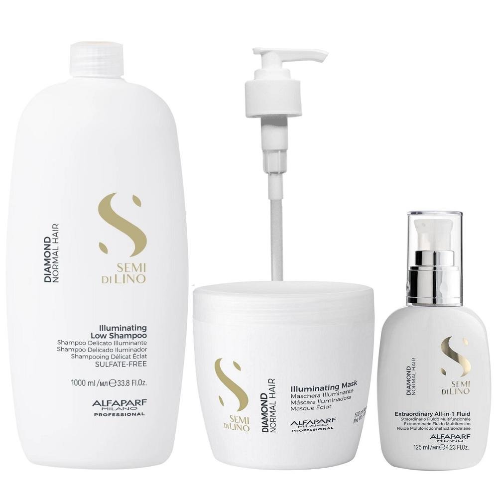 Kit Alfaparf Semi Di Lino Diamond - Shampoo 1L + Máscara 500ml + Fluído 125ml + Válvula Pump