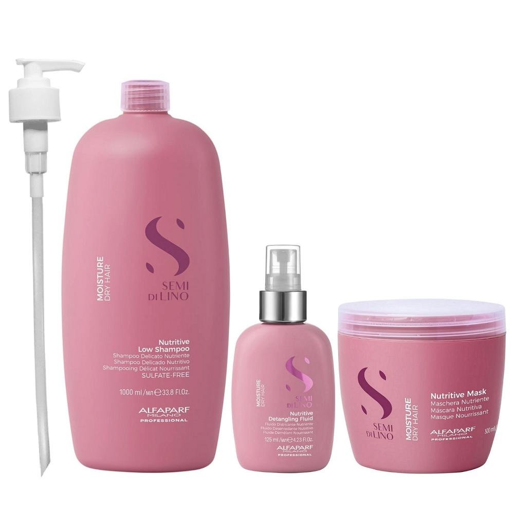 Kit Alfaparf Semi Di Lino Moisture -  Shampoo 1L +  Máscara 500ml + Fluído 125ml + Válvula Pump