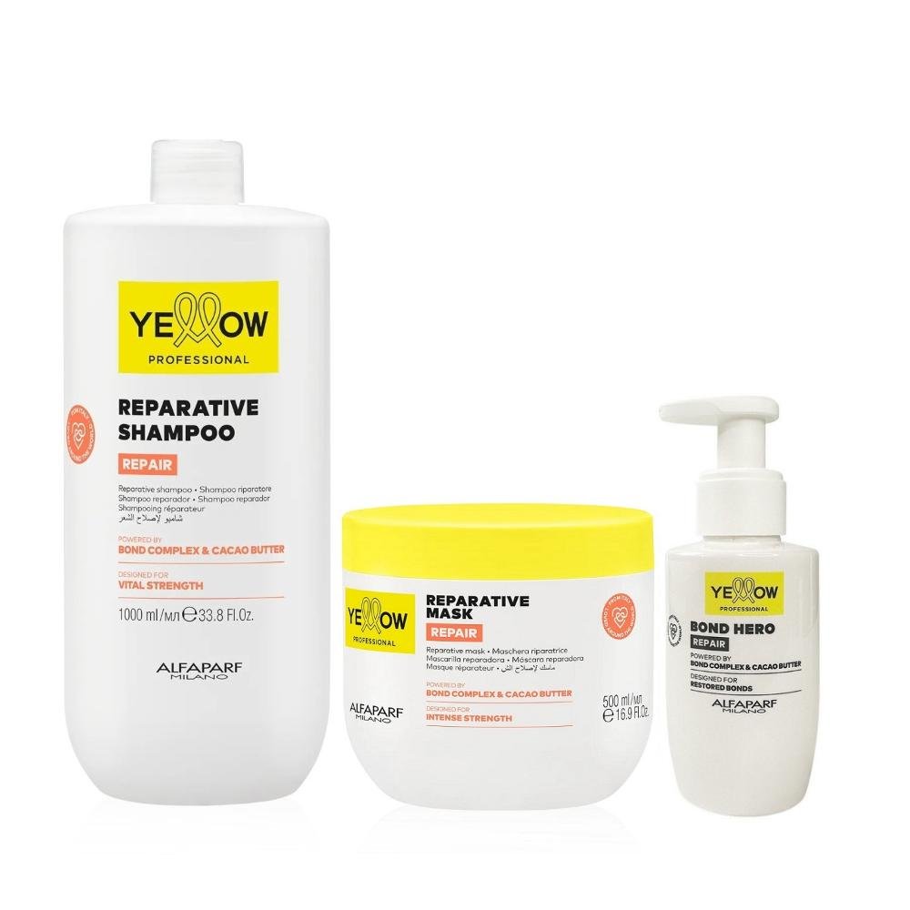 Kit Yellow Repair Tratamento Reparador - Shampoo 1L + Máscara 500ml + Bond Hero 100ml ÚNICO 1