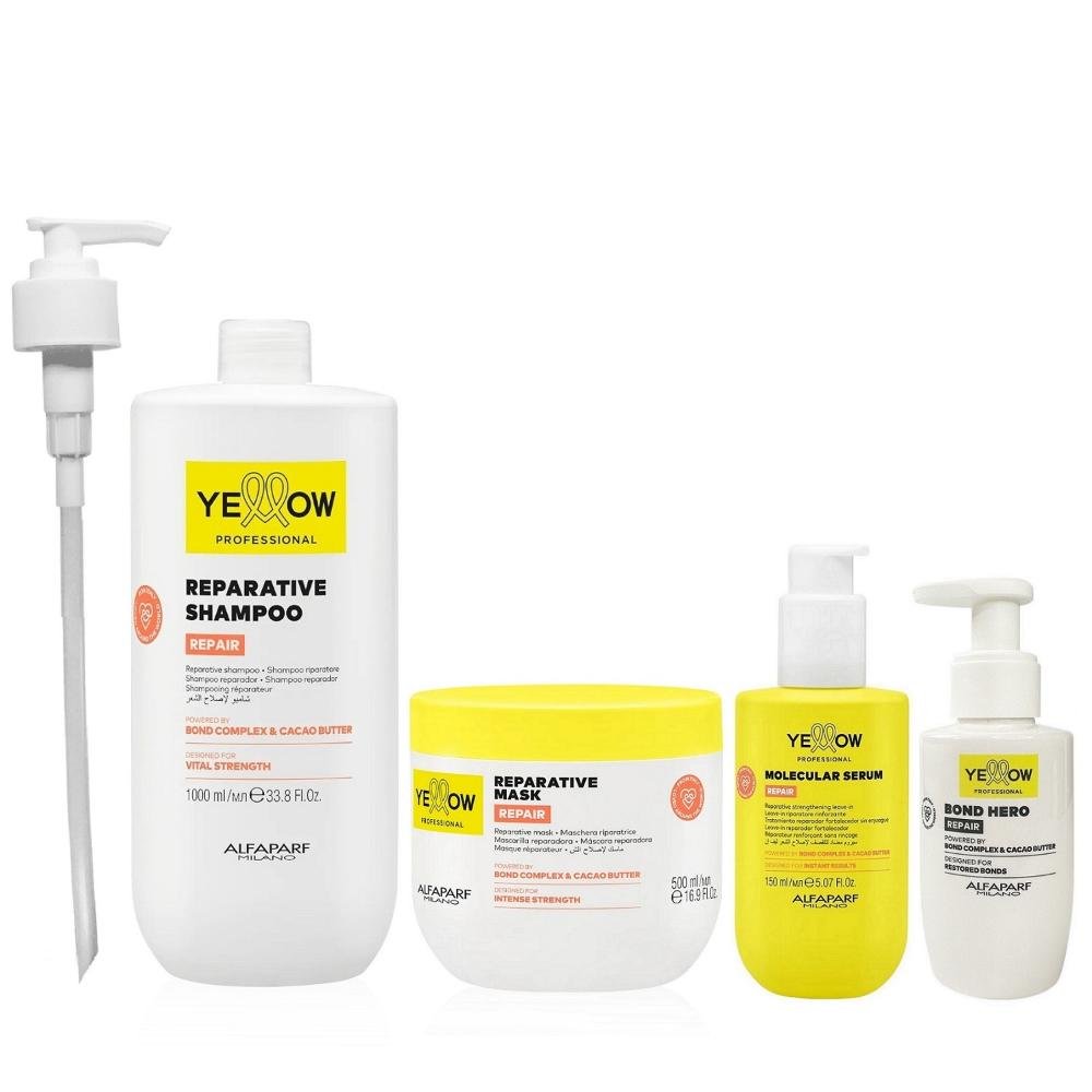 Kit Yellow Repair Tratamento Reparador - Shampoo 1L + Máscara 500ml + Sérum Capilar 150ml + Bond Hero 100ml + Válvula