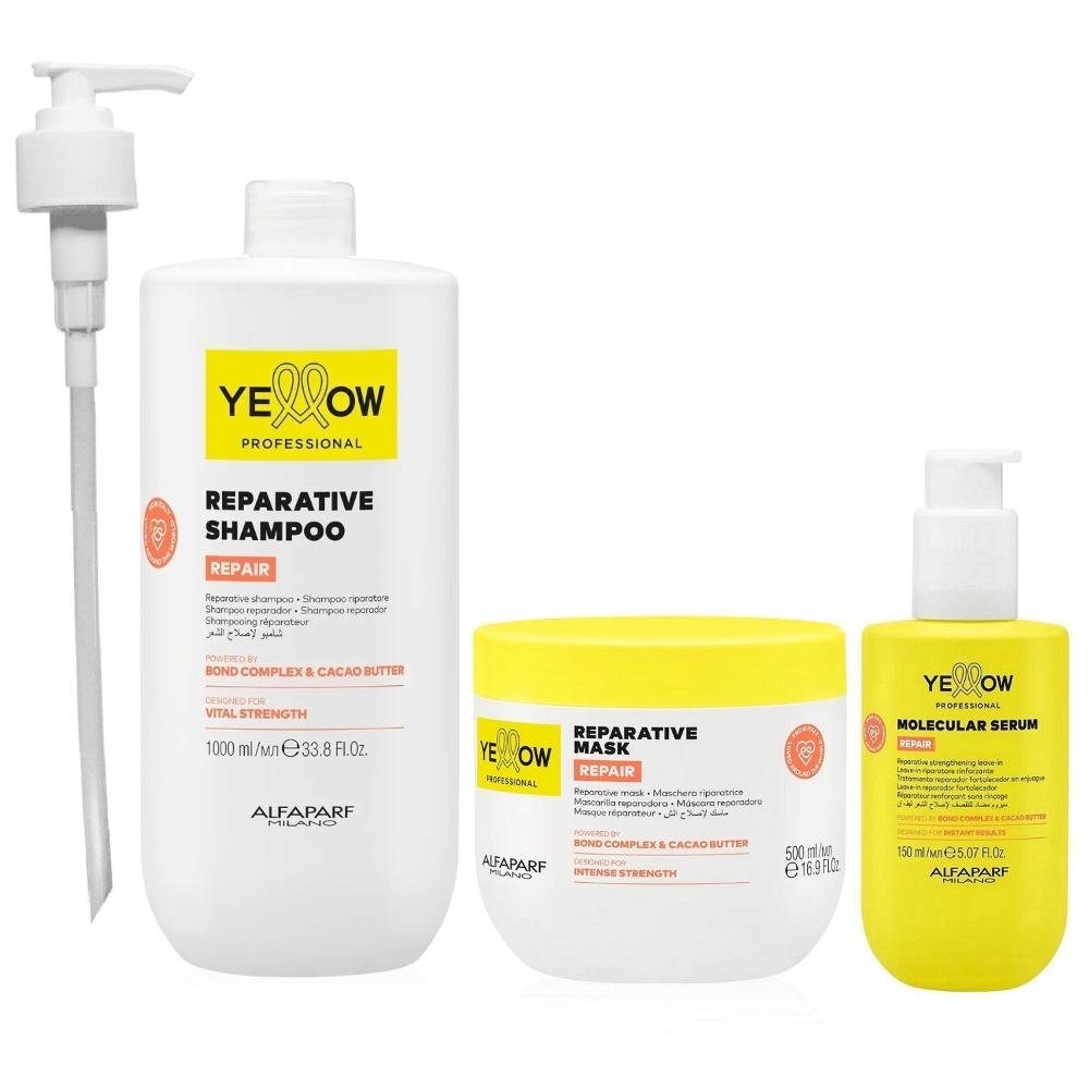 Kit Yellow Repair Tratamento Reparador - Shampoo 1L + Máscara 500ml + Sérum Capilar 150ml + Válvula Pump