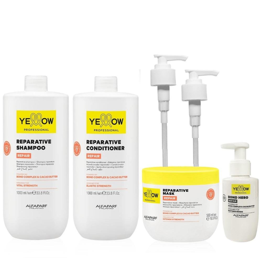 Kit Yellow Repair Tratamento Reparador - Shampoo & Condicionador 1L + Máscara 500ml + Bond Hero 100ml + Válvula Pump