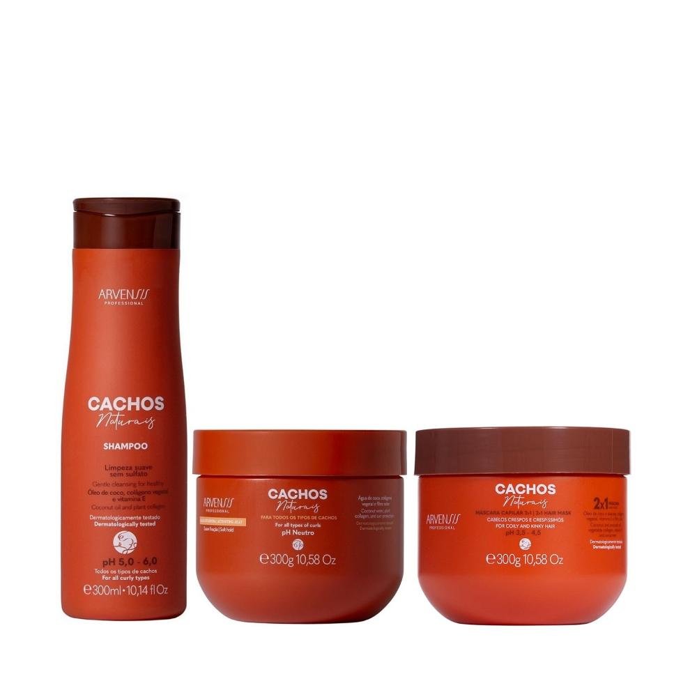 Kit Arvensis Professional Cachos Naturais - Shampoo 300ml + Geleia Suave Fixação 300g + Máscara 2x1 300g