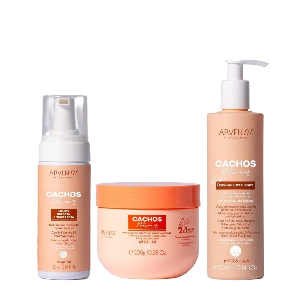 Kit Arvensis Cachos Naturais Light - Leave-In 300ml + Máscara 2x1 300g + Mousse 150ml