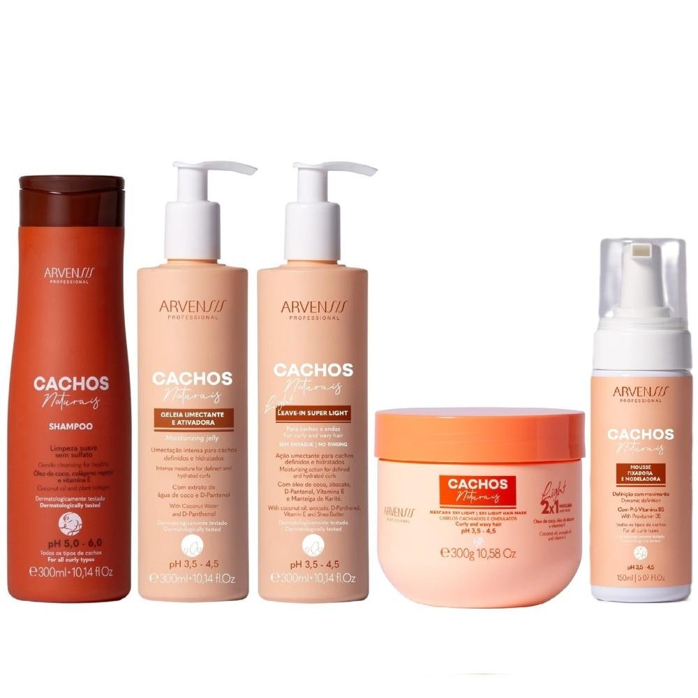 Kit Arvensis Cachos Naturais Light - Shampoo + Geleia & Leave-In 300ml & Mascara 2x1 300g & Mousse 150ml