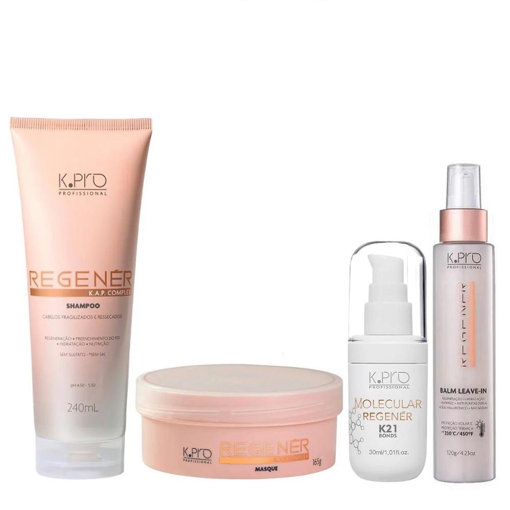 Kit K.Pro Regenér - Shampoo 240ml + Máscara 165g + Balm 120ml + K21 30ml ÚNICO 1