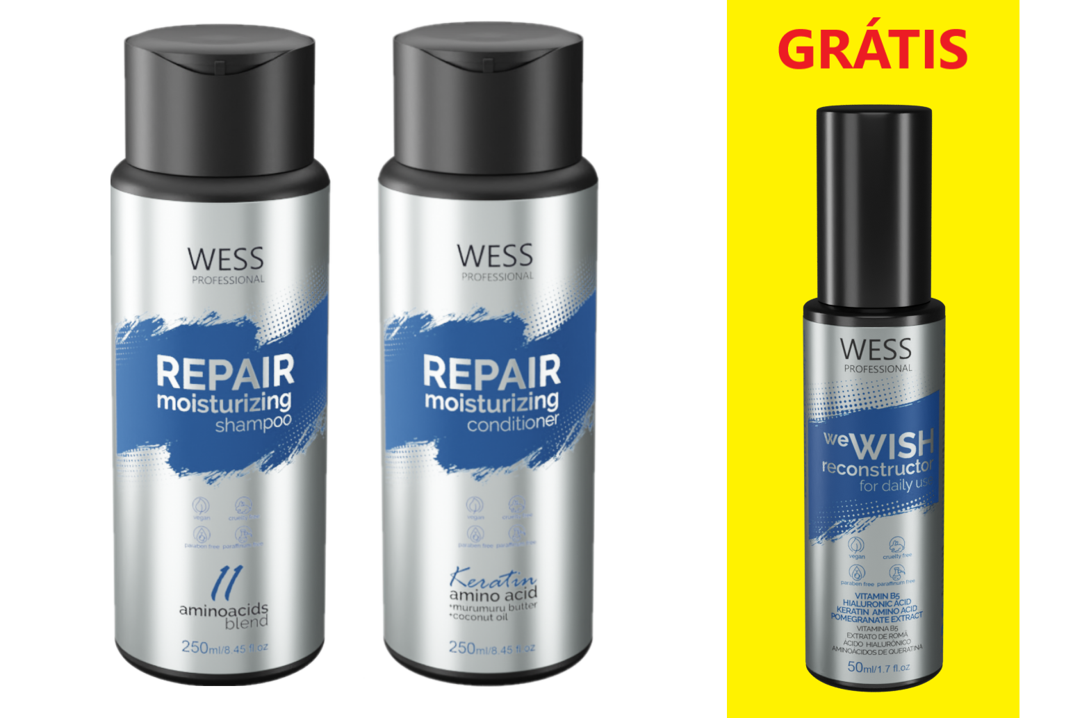 Wess Kit Repair Shampoo e Condicionador + we Wish Reconstrutor ÚNICO 2