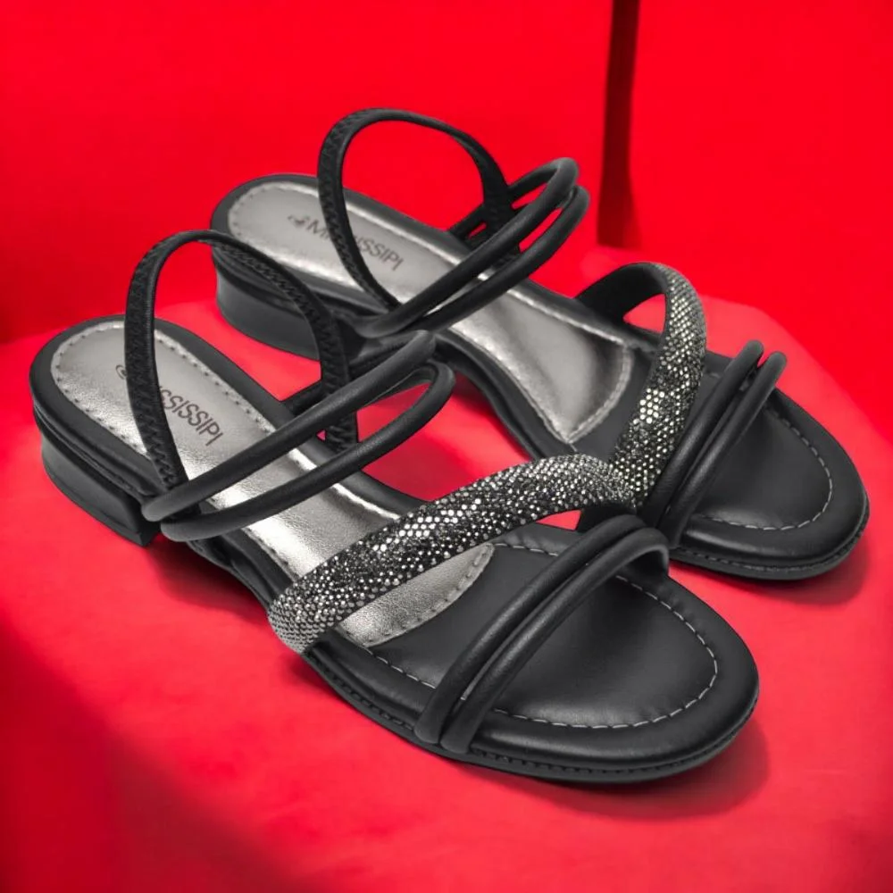 Sandalia Mississipi Feminina Com Tira Brilhante Casual Preto 2
