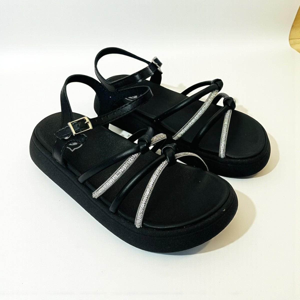 Sandália Molekinha Infantil Meninas com Tiras Brilhantes Preto 3