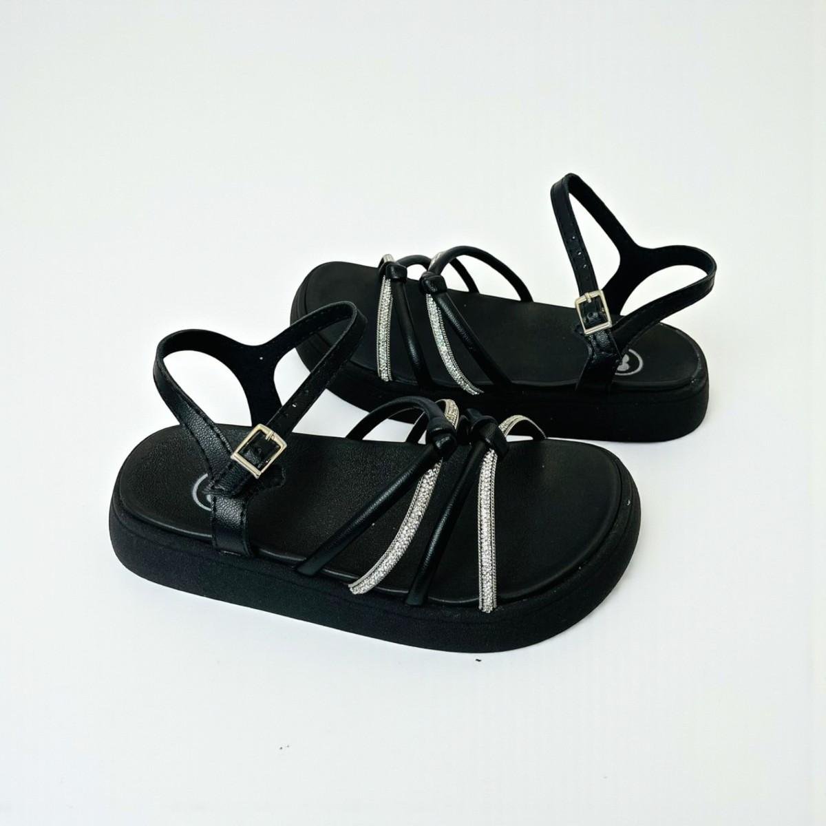 Sandália Molekinha Infantil Meninas com Tiras Brilhantes Preto 4