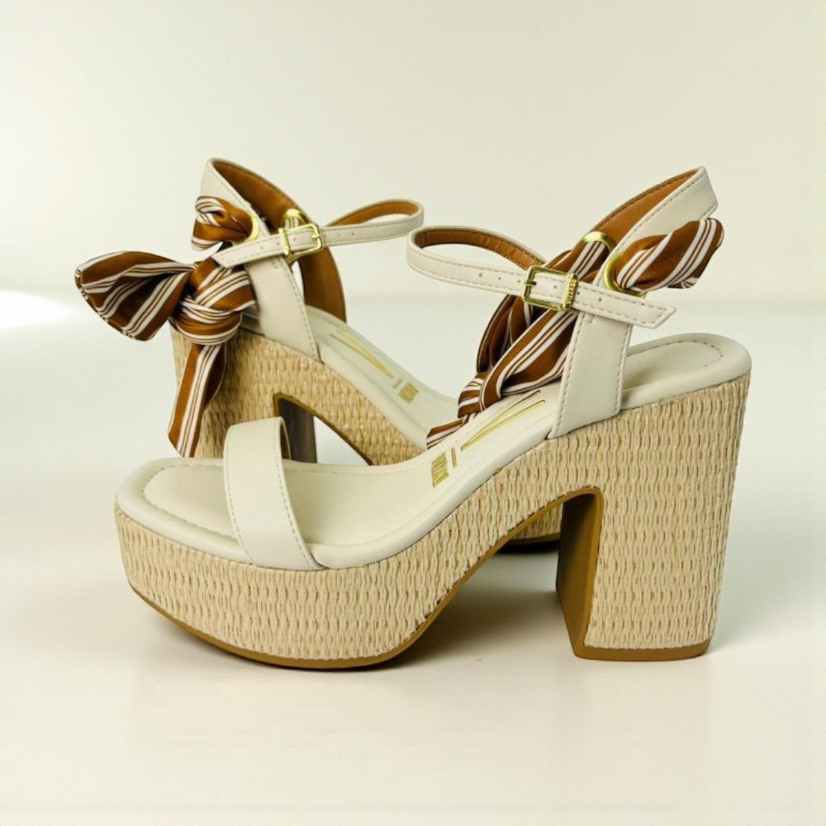 Sandália Feminina Anabela Salto Bloco Vizzano Lenço Viena Off White 2