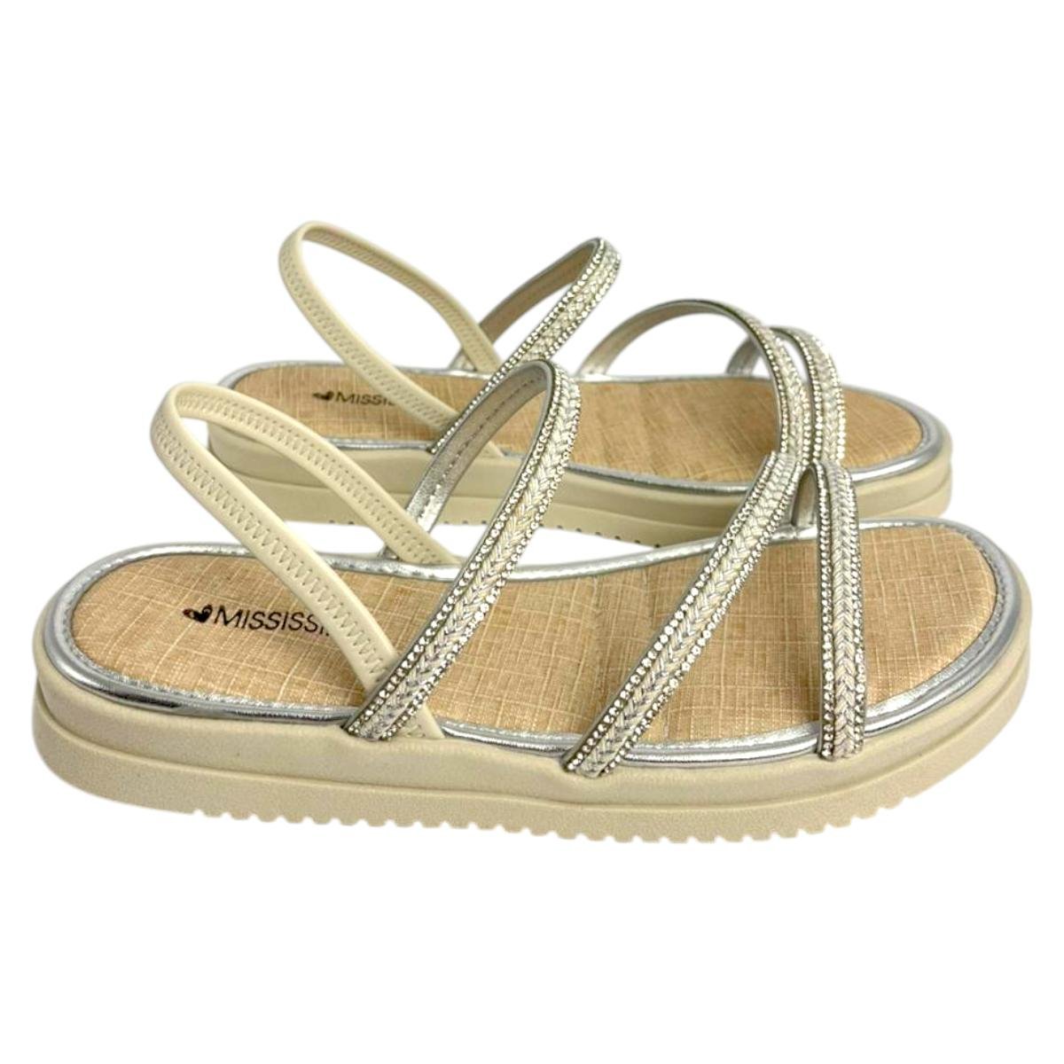 Sandália Mississipi Flatform Feminino Tiras Decorativas Off White/Prata 2