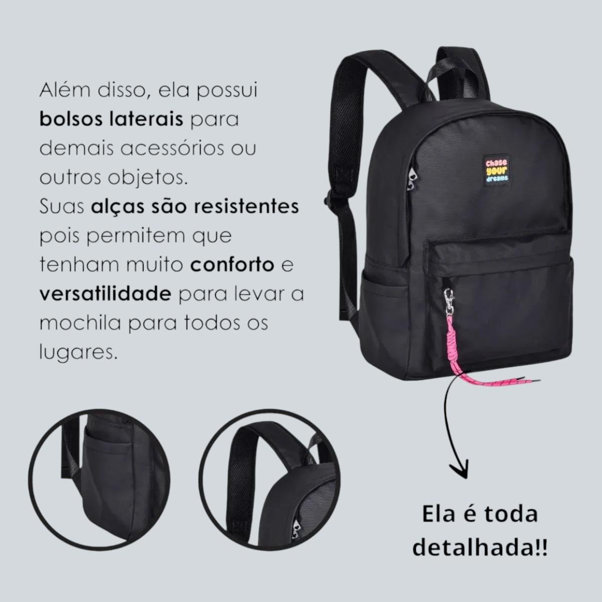 Mochila De Costas Chase Your Dreams For Girls Escolar Clio Preto 2
