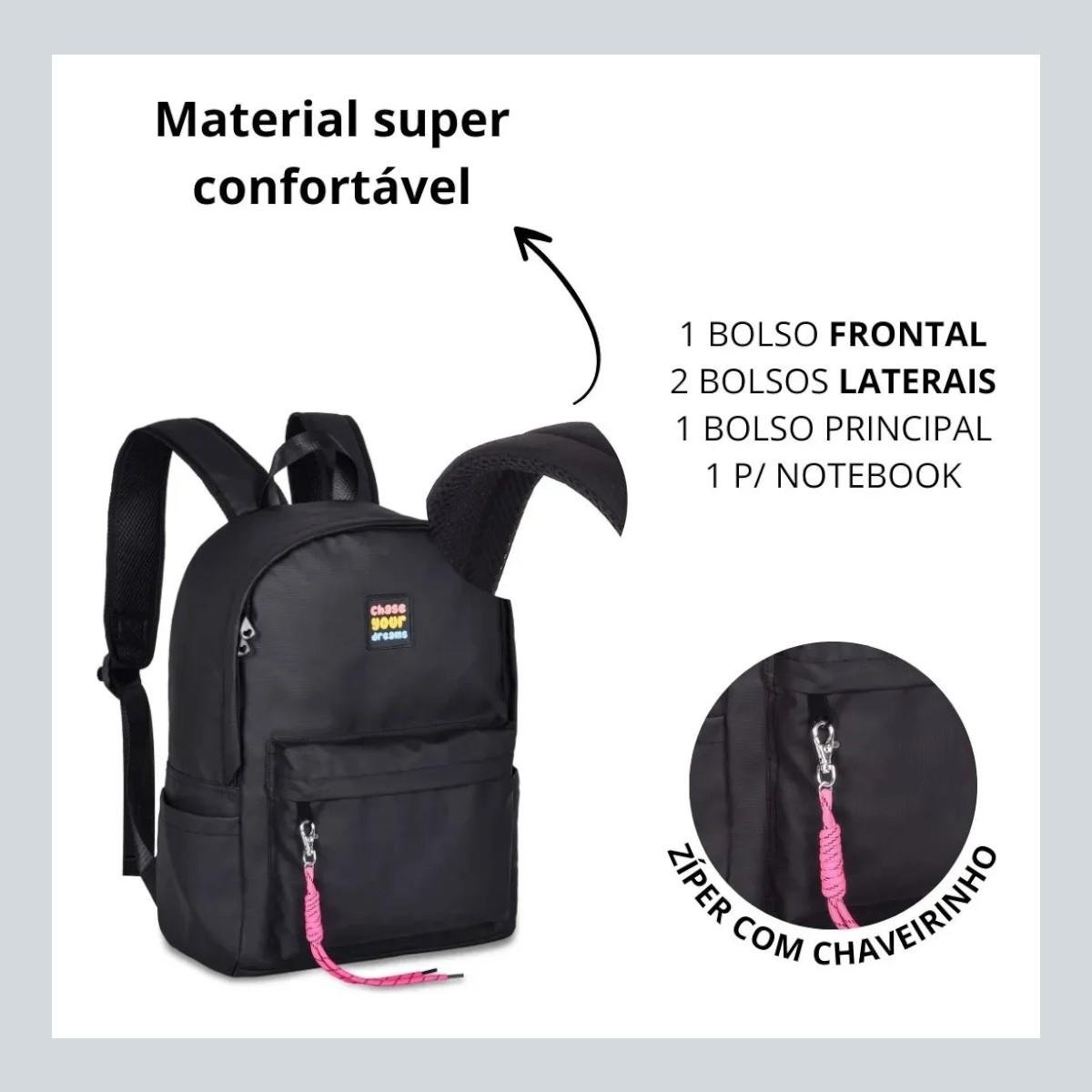 Mochila De Costas Chase Your Dreams For Girls Escolar Clio Preto 4