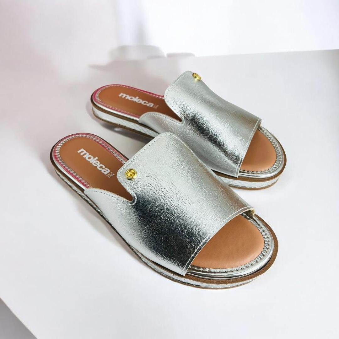 Tamanco Chinelo Moleca Slide Metalizado Dourado Feminino Prata 2