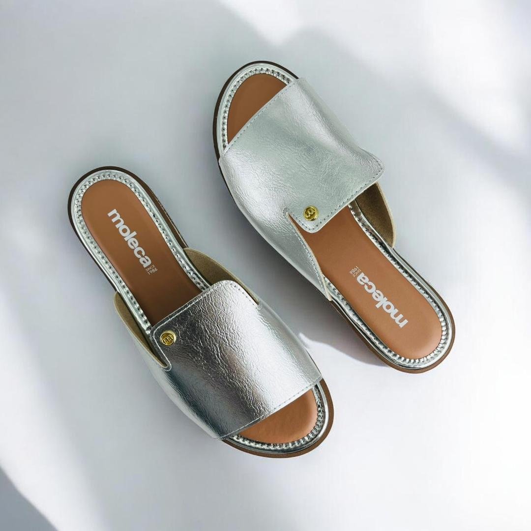 Tamanco Chinelo Moleca Slide Metalizado Dourado Feminino Prata 3