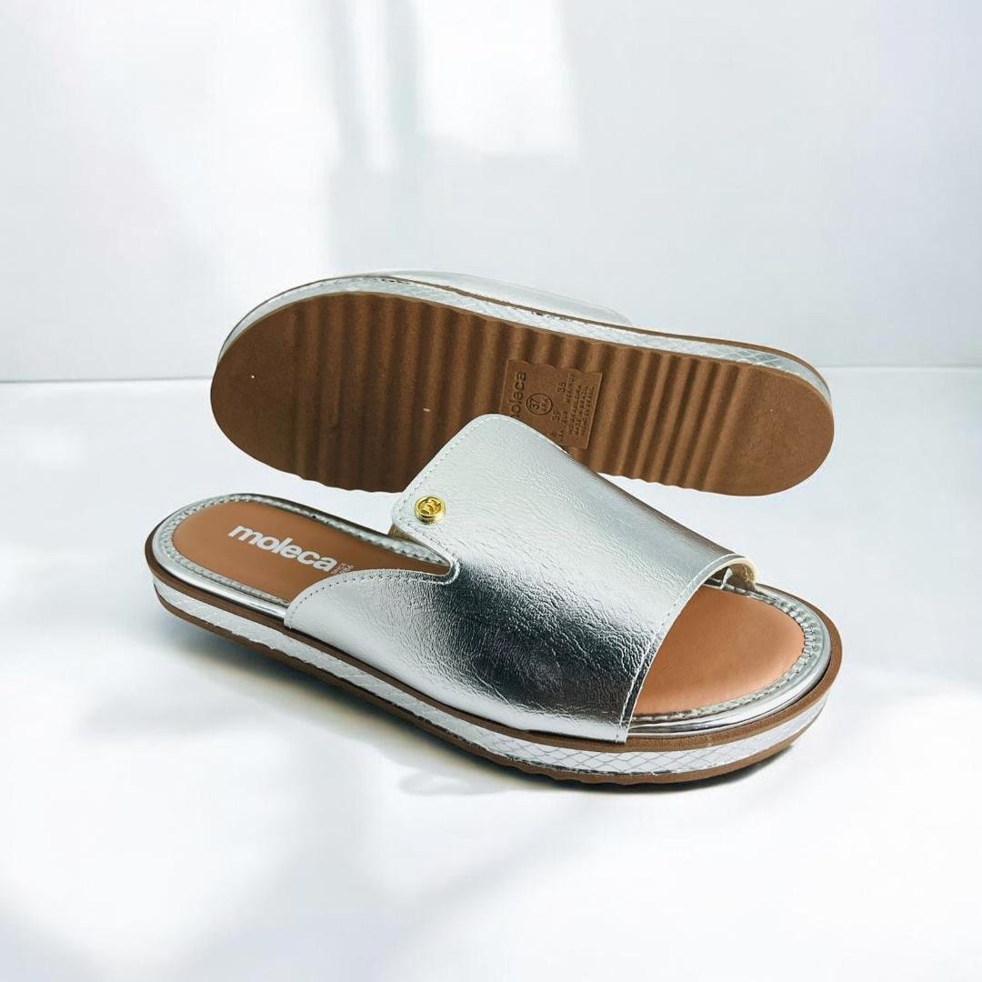 Tamanco Chinelo Moleca Slide Metalizado Dourado Feminino Prata 4