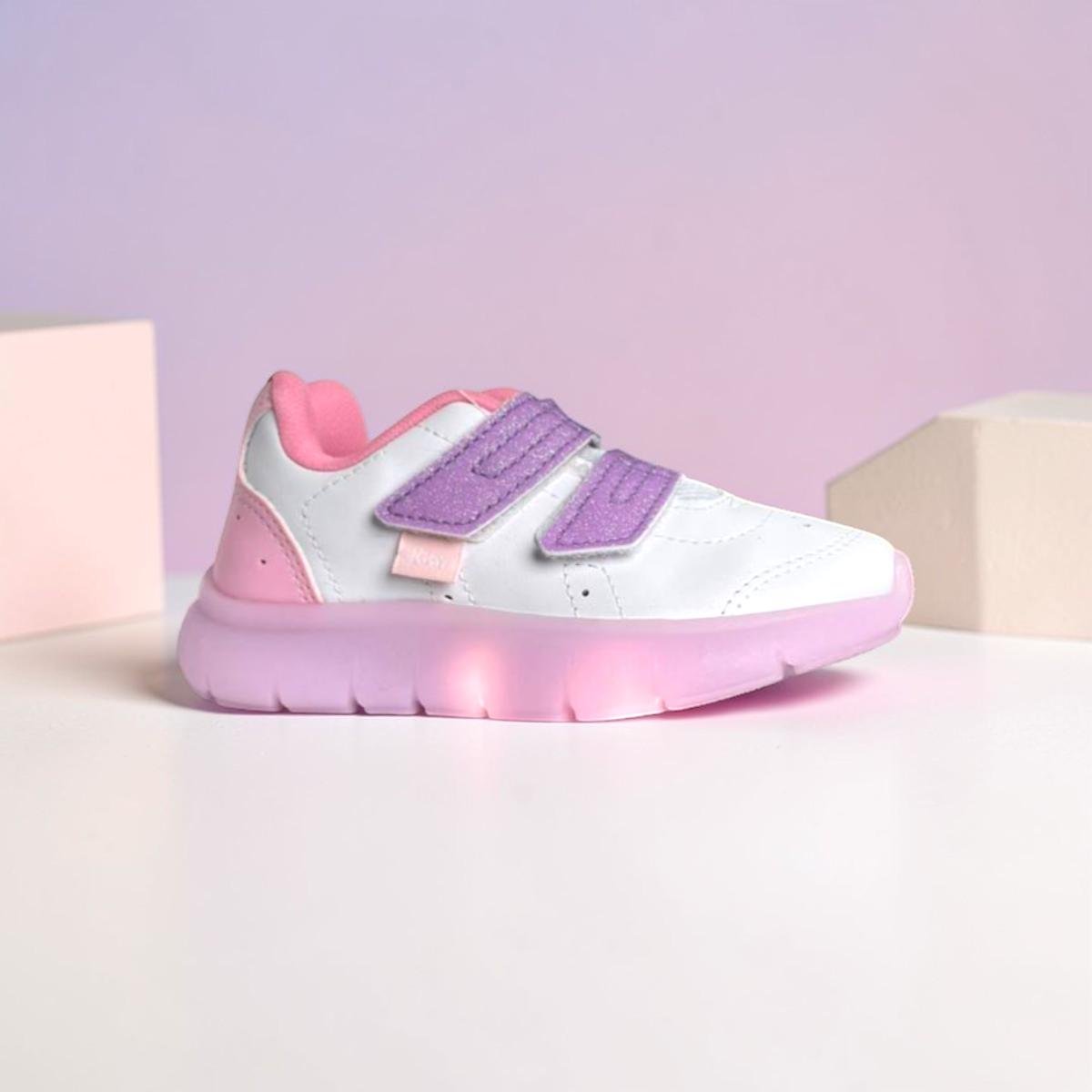 Tênis infantil kidy fechamento duplo prático flexível Branco/Lilás 3