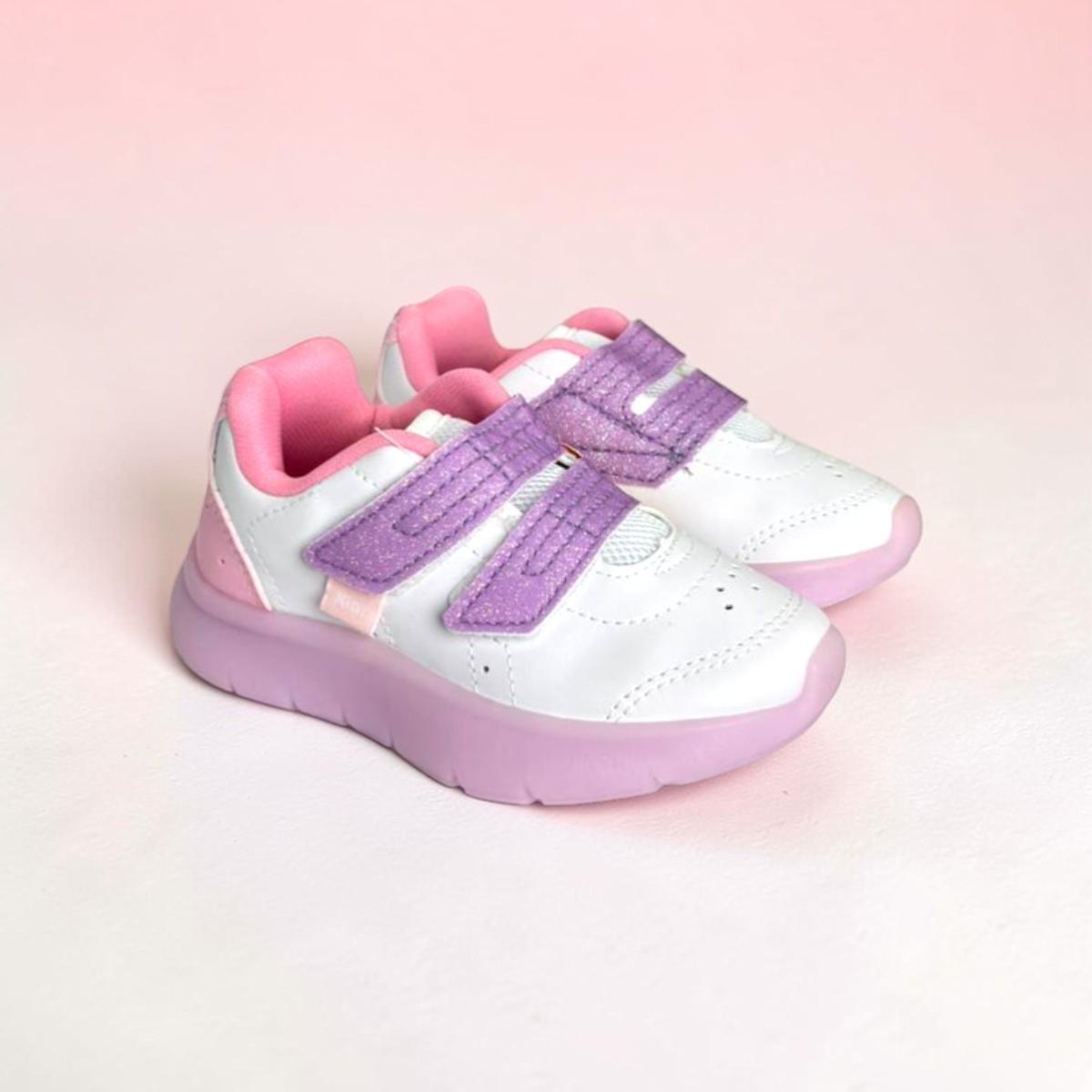 Tênis infantil kidy fechamento duplo prático flexível Branco/Lilás 4