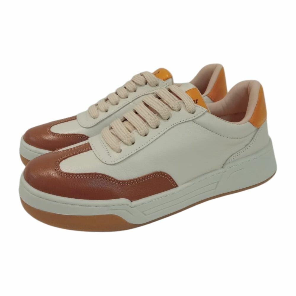 Tênis Feminino Pattini em Couro Off White e Conhaque Off White/Caramelo/Mostarda 2