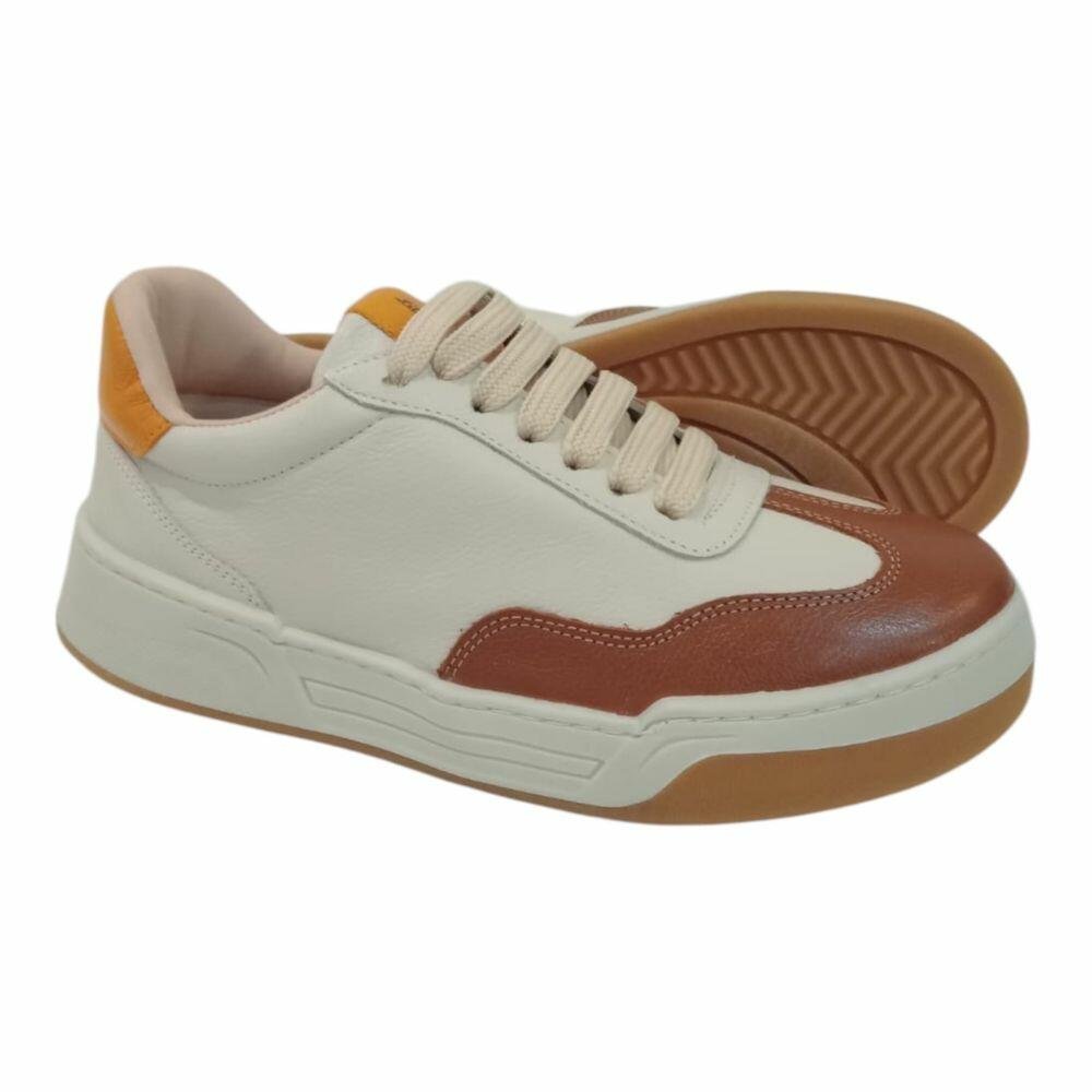 Tênis Feminino Pattini em Couro Off White e Conhaque Off White/Caramelo/Mostarda 3