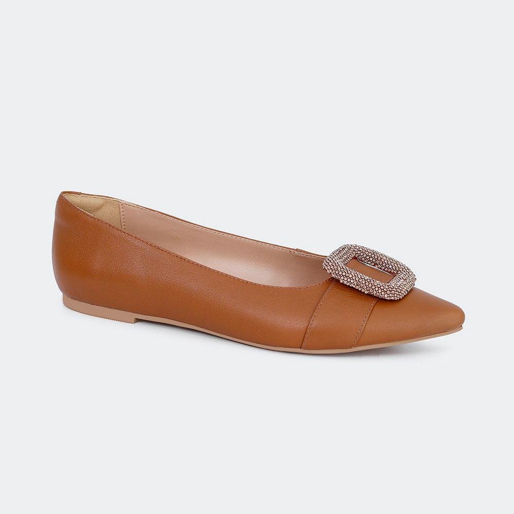 Sapatilha Villa Griffe Boneca Couro Bico Fino Maxi Fivela Strass Brilho