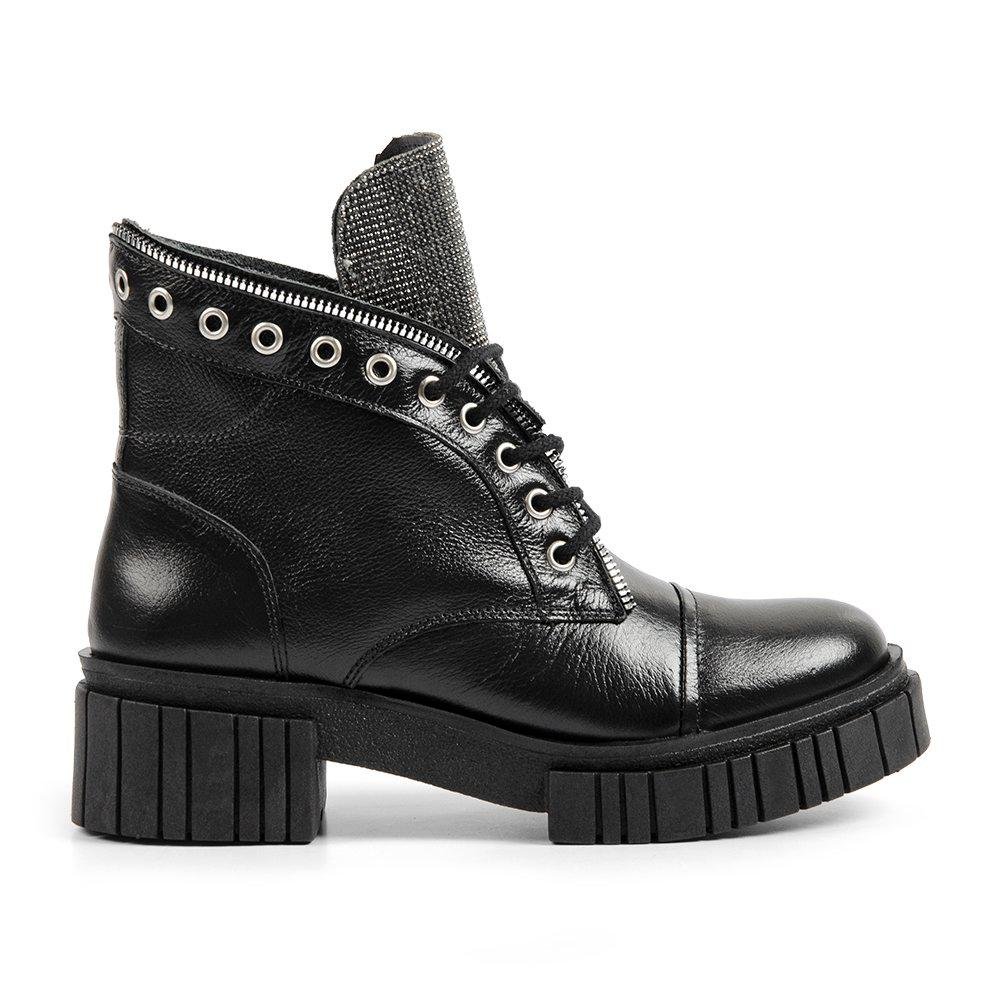 Bota Coturno Calprado Couro Strass Zíper Tratorado Preto Preto 2