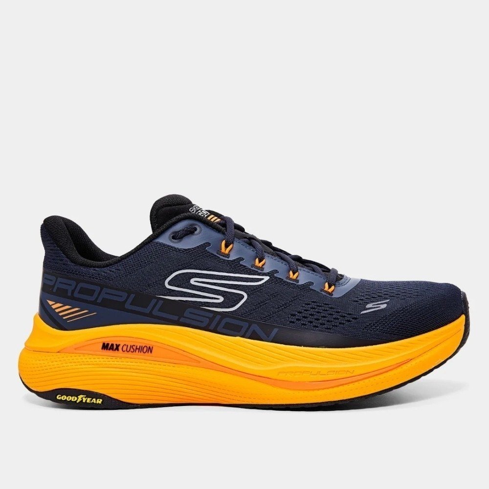 Tênis Skechers Max Cushioning Endeavour - masculino - azul marinho e laranja