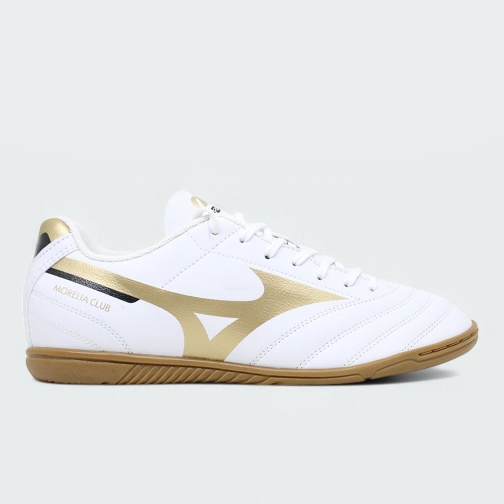 Tenis futsal Mizuno Morelia Club - unissex - branco e dourado