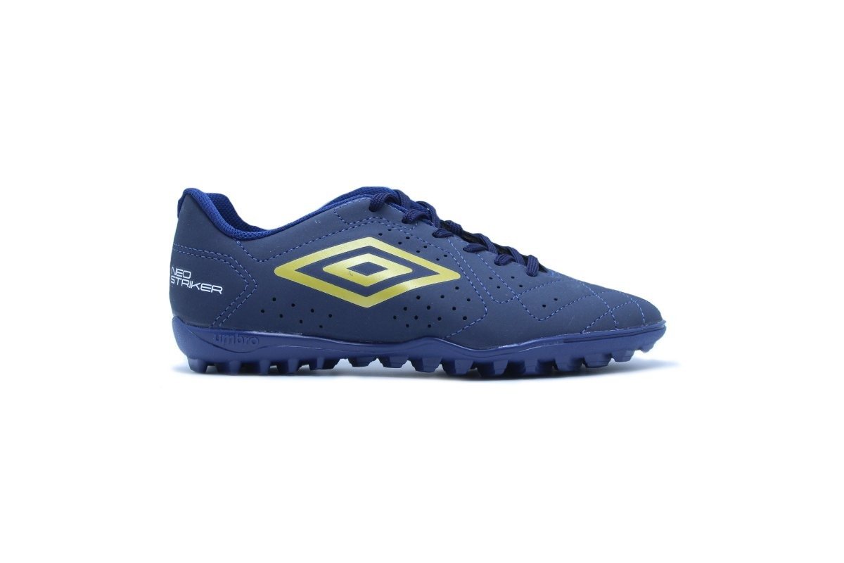 Chuteira society Umbro Neo Striker - unissex - azul e dourado