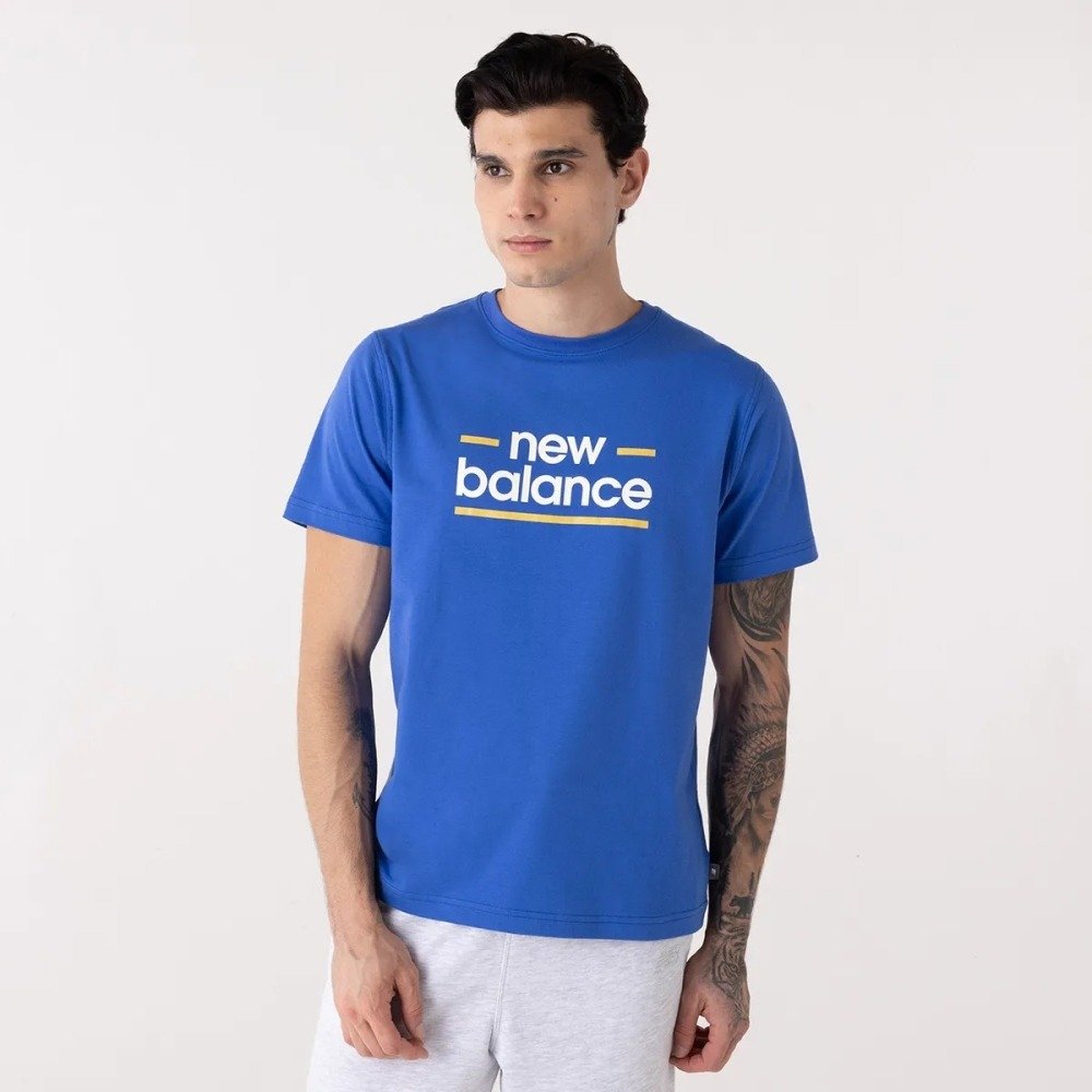 Camiseta New Balance Linear Lines - masculino - azul - branco e amarelo