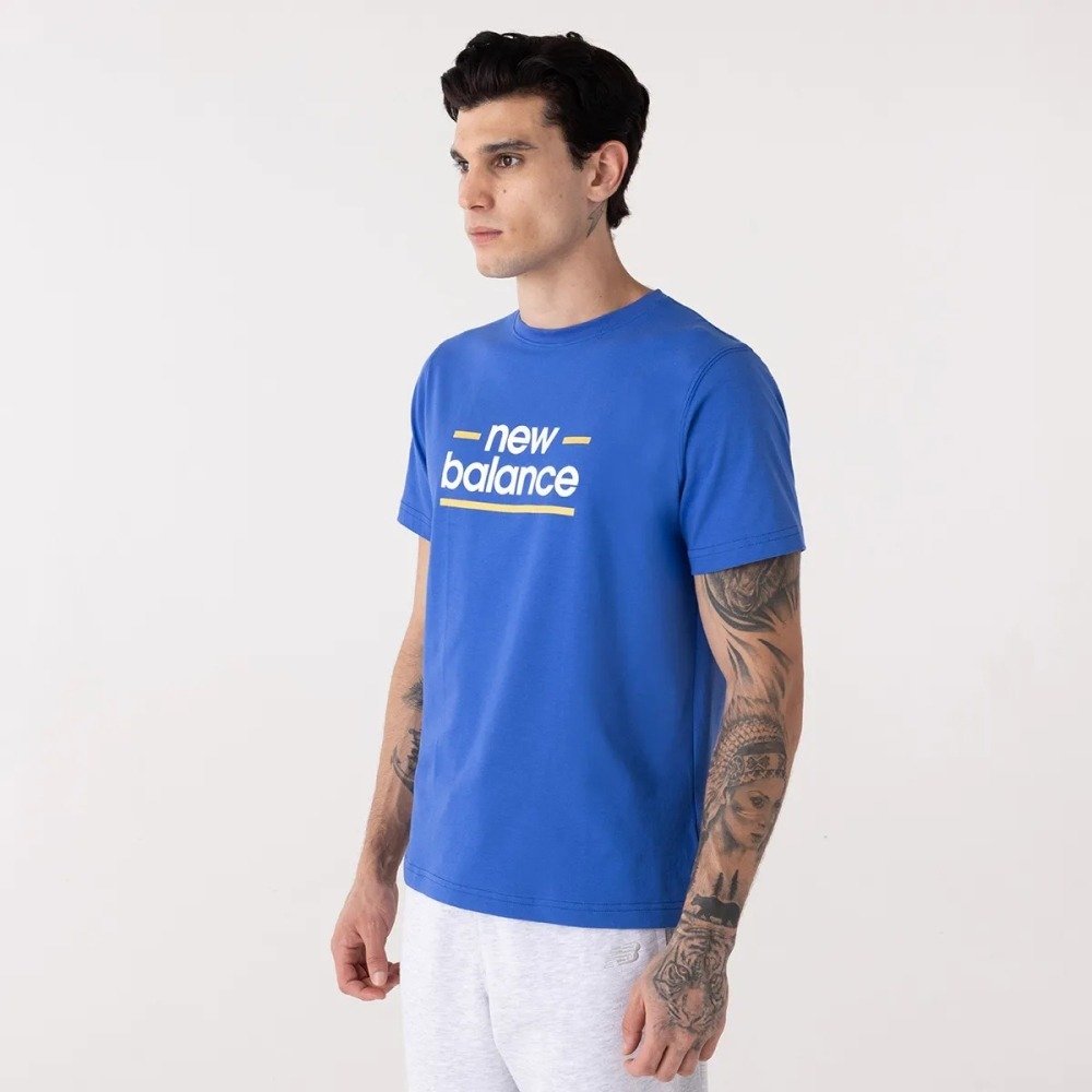 Camiseta New Balance Linear Lines - masculino - azul - branco e amarelo Azul 2