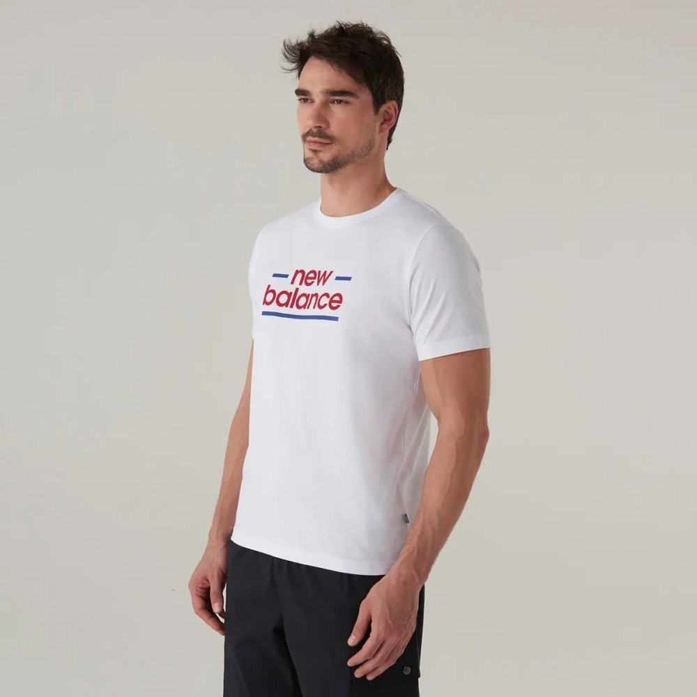 Camiseta New Balance Linear Lines - masculino - branco - vermelho e azul Branco 4