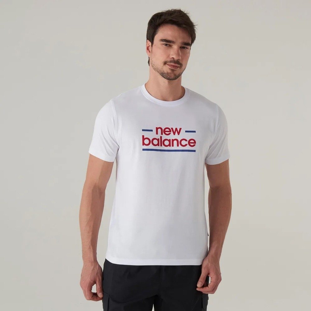 Camiseta New Balance Linear Lines - masculino - branco - vermelho e azul Branco 5